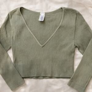 Nikibiki Sage Green Ribbed Crop Top Long Sleeve V Neck Stretchy Fitted OS NWOT